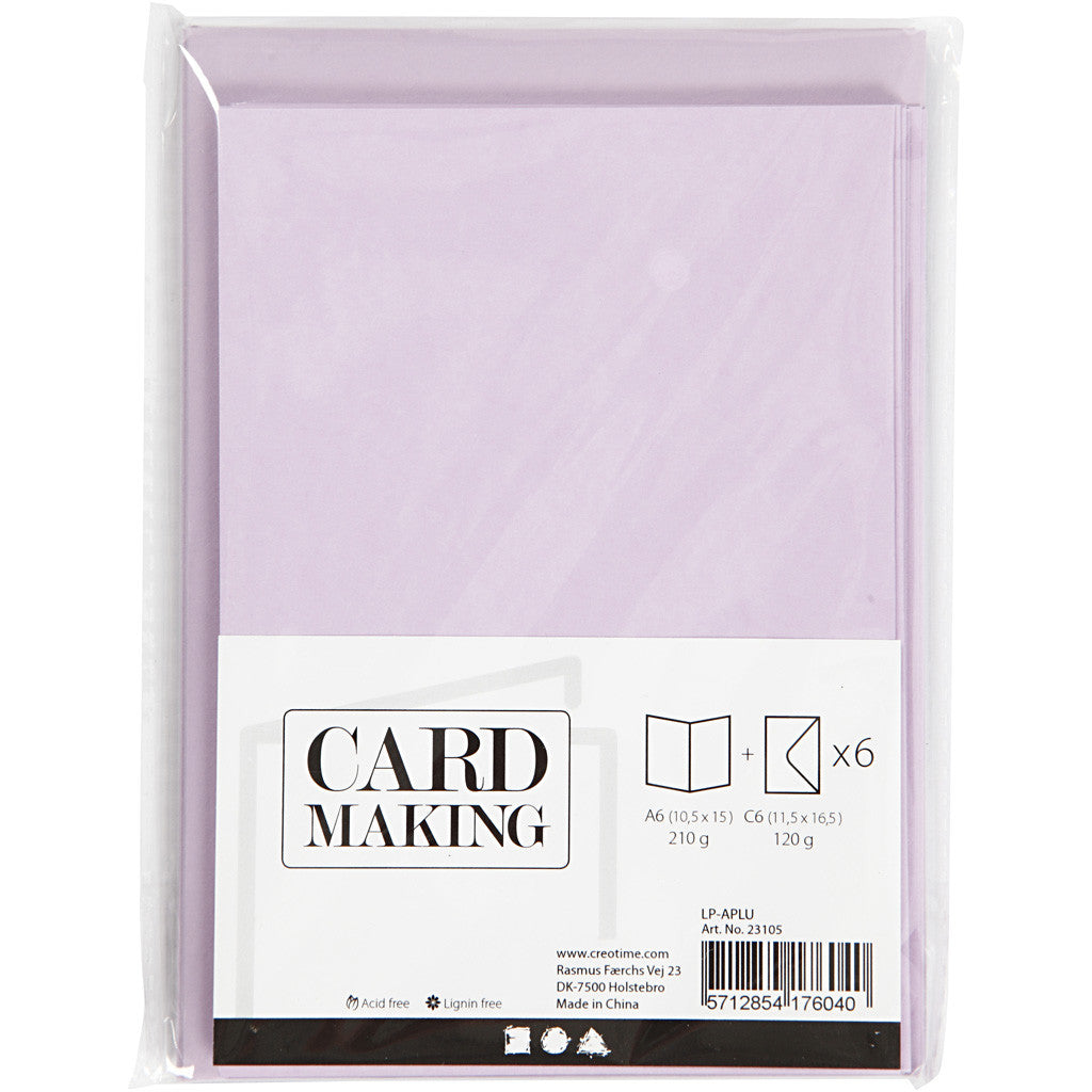 Cartes et enveloppes, dimension carte 10,5x15 cm, dimension enveloppes 11,5x16,5 cm, 120+210 gr, mauve clair, 6 set/ 1 Pq. [HOB-23105]