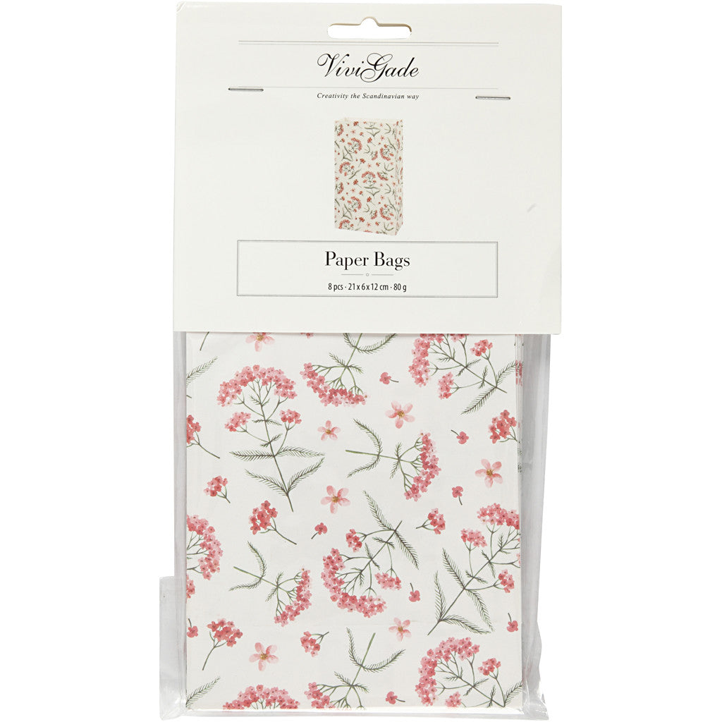 Sac en papier, fleurs, H : 21 cm, dim. 6x12 cm, 80 gr, 8 pièces/ 1 Pq. [HOB-231350]