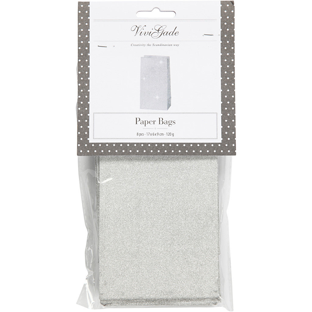 Sac en Papier, H : 17 cm, dim. 6x9 cm, 120 gr, argent, 8 pièces/ 1 Pq. [HOB-23137]