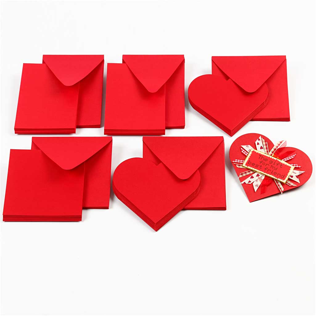 Cartes en forme de coeur, dimension carte 12,5x12,5 cm, dimension enveloppes 13,5x13,5 cm, rouge, 10 set/ 1 Pq. [HOB-23762]