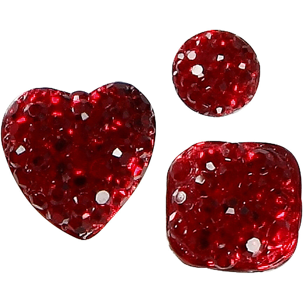 Rhinestones, red, round, square, heart, size 6+8+10 mm, 35 pc/ 1 pack [HOB-24375]