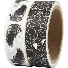 Ruban adhésif Washi Tape, plumes et motifs - film, L : 15 mm, 2x4 m/ 1 Pq. [HOB-24772]