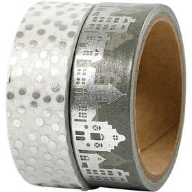 Washi Tape, casette e pois - lamina, L: 15 mm, argento, 2x4 m/ 1 conf. [HOB-24798]
