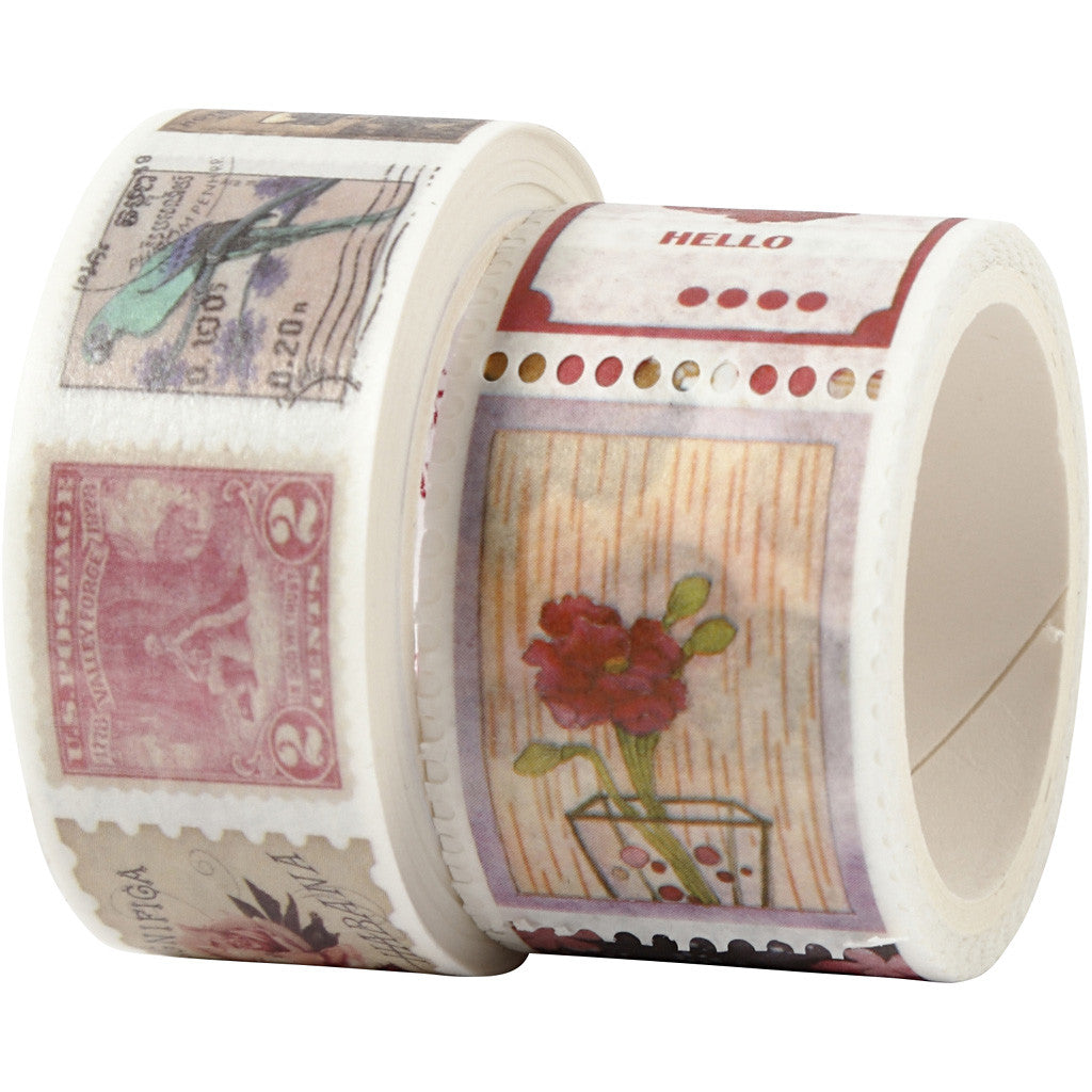 Washi Tape , Motivo a timbri e floreale, L: 3+5 M, L: 20+25 mm, 2 rot./ 1 conf. [HOB-25244]