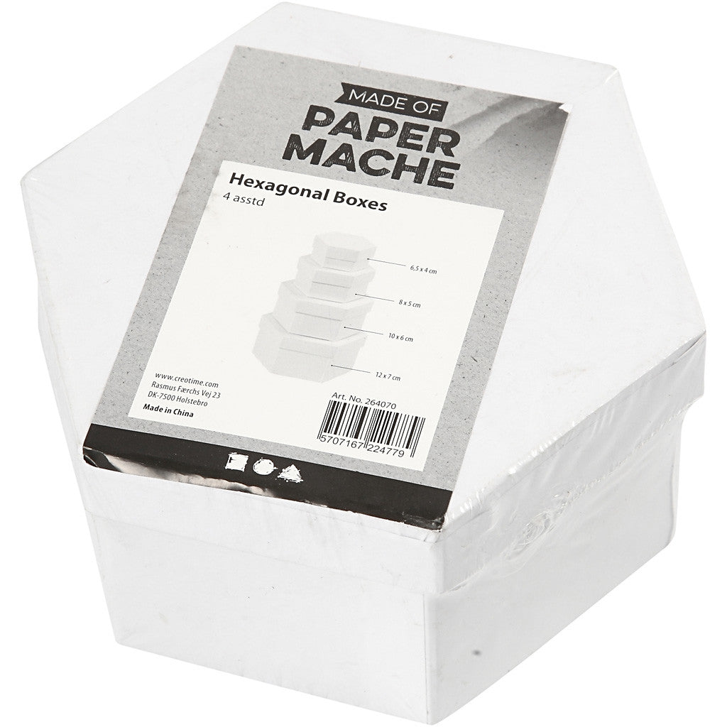 Scatole Esagonali, H: 4+5+6+7 cm, diam 6,5+8+10+12 cm, bianco, 4 pz/ 1 set [HOB-264070]