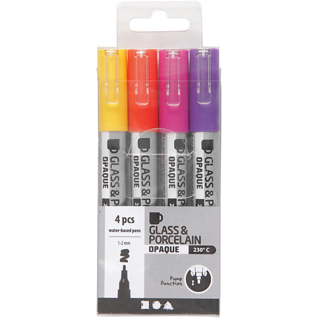 Feutre pour verre et porcelaine, trait 1-2 mm, semi opaque, orange, violet, rouge clair, jaune, 4 pièces/ 1 Pq. [HOB-31335]