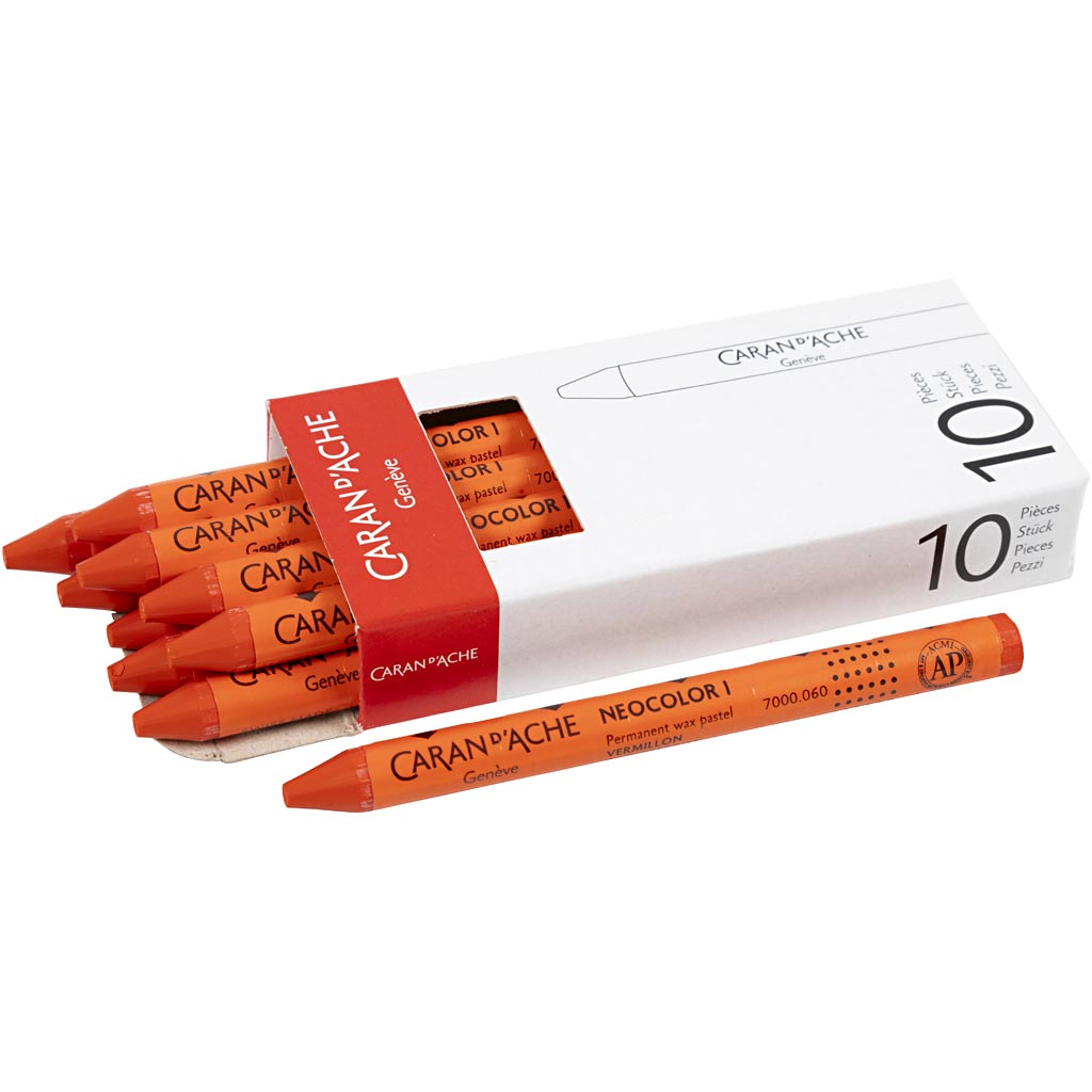 CARAN D’ACHE Neocolor I Crayons, L: 10 cm, thickness 8,5 mm, vermilion (060), 10 pc