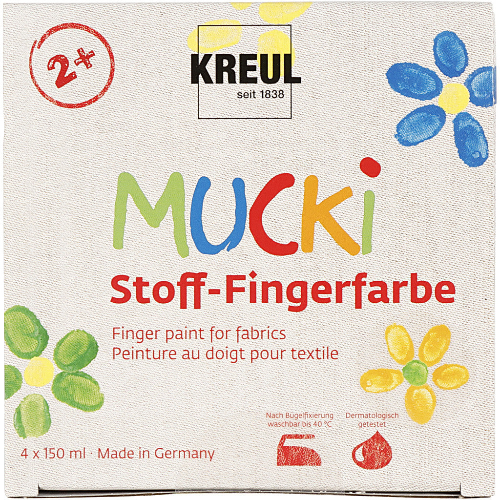 Muck Peinture au doigt, bleu, vert, rouge, jaune, 4x150 ml/ 1 Pq. [HOB-34770]