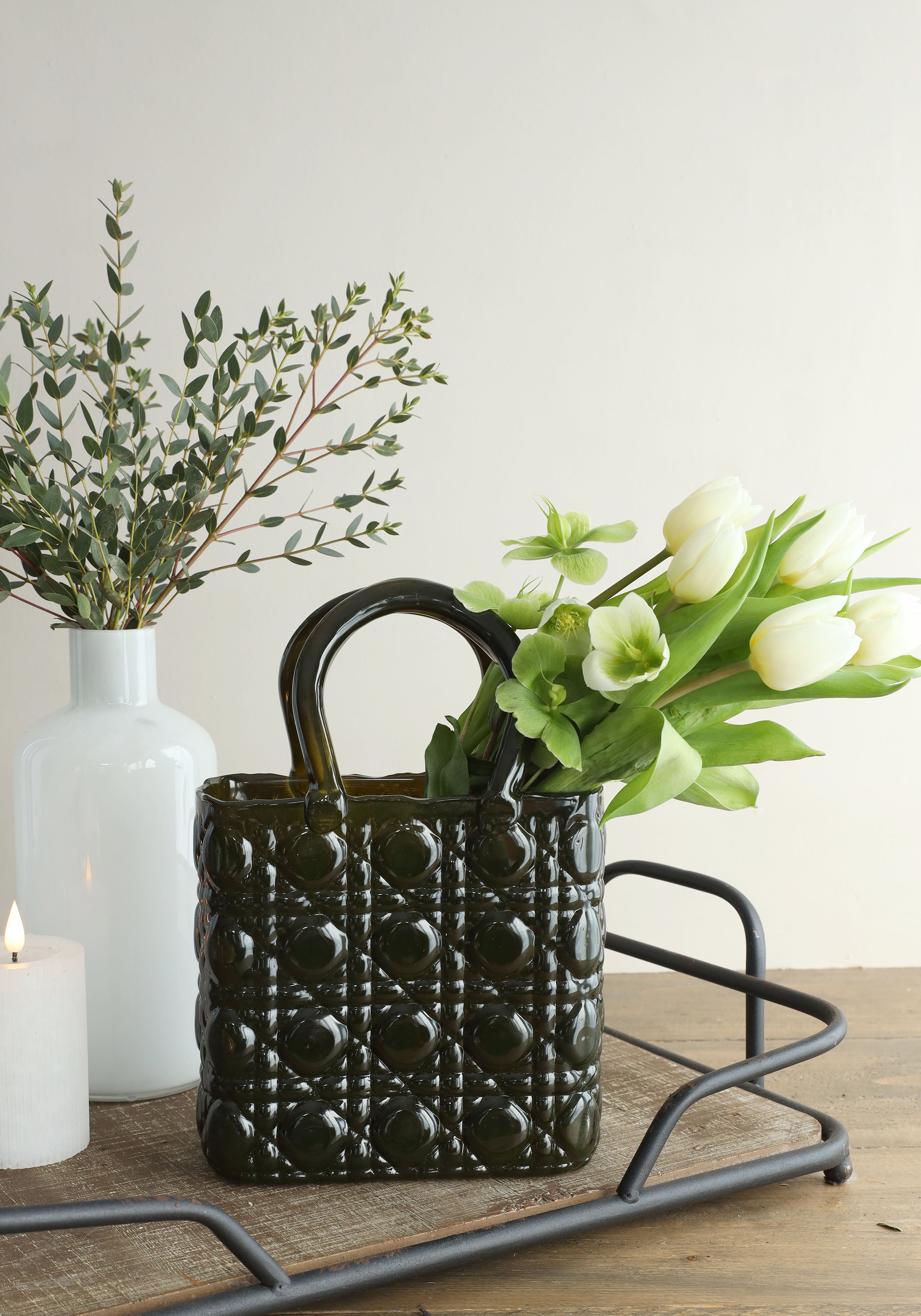 Vaso a forma di borsa Elysee manico in vetro L.19 x P.11 x H.28 cm verde scuro (1 pz) [IFS-37245]