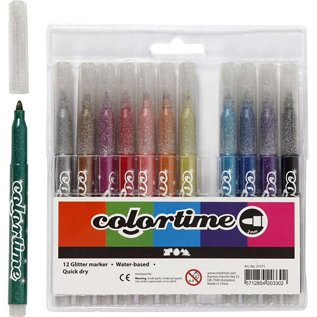 Colortime Glitter Marker, line width: 4.2 mm, asstd colours, 12pcs [HOB37371]