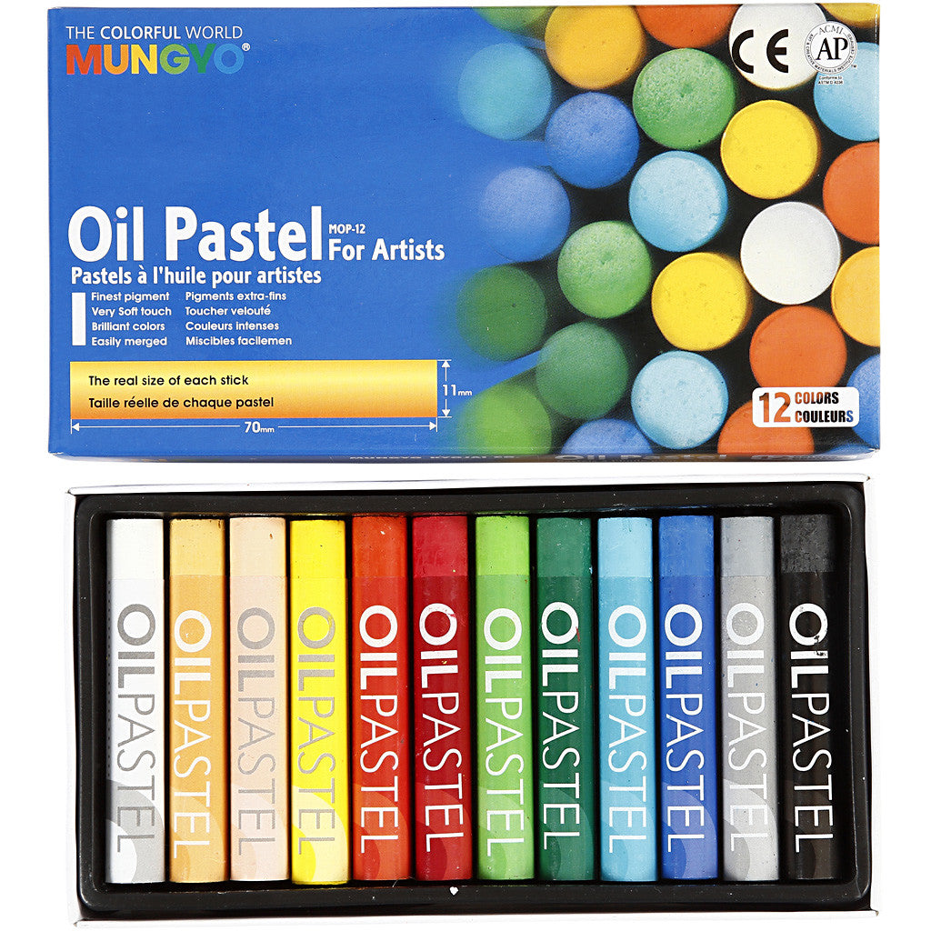 Mungyo Pastelli a olio, L: 7 cm, spess. 11 mm, colori asst., 12 pz/ 1 conf. [HOB-38142]