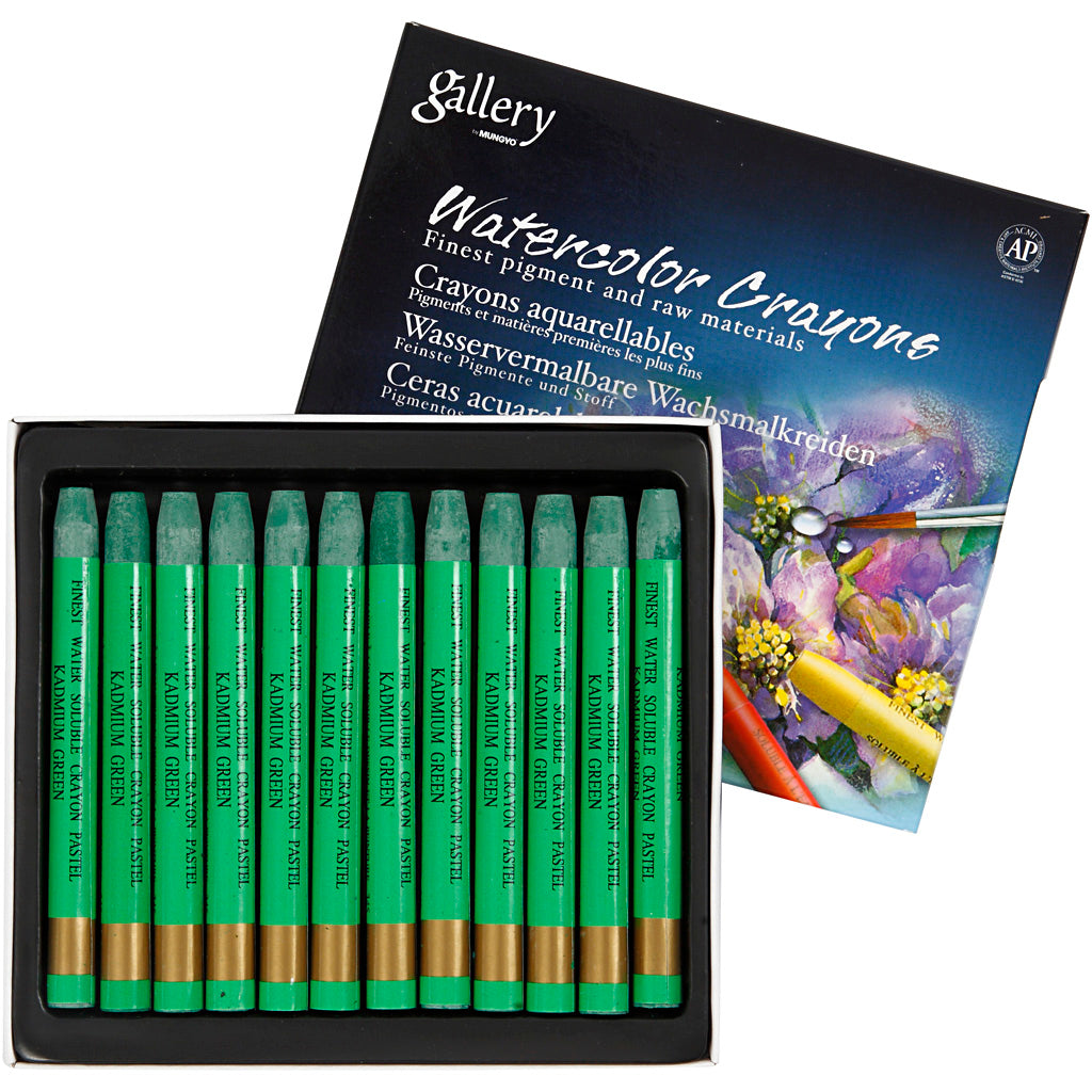 Watercolor Crayons, L: 9,3 cm, thickness 8 mm, kadmium green (345), 12 pc