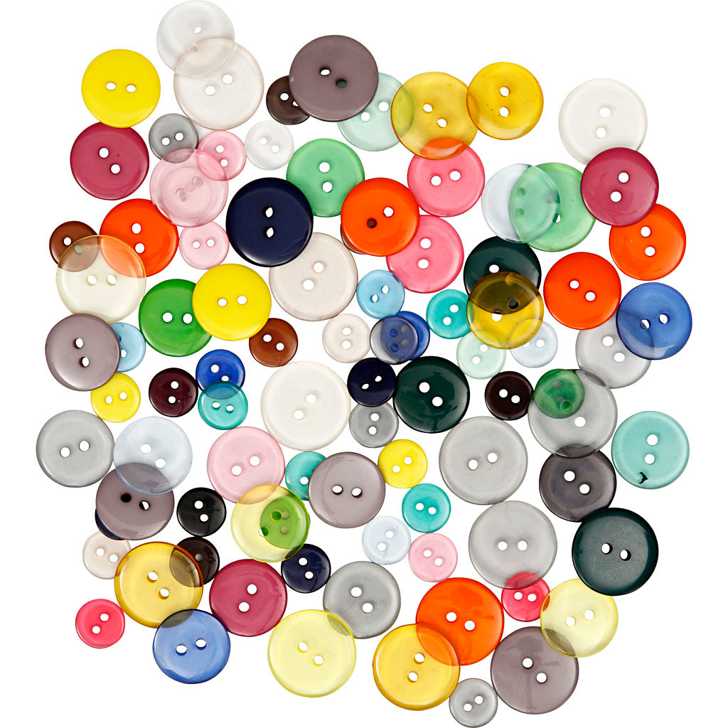 Buttons, dia. 12+18+20 mm, assorted colours, 50 g, 100 pc