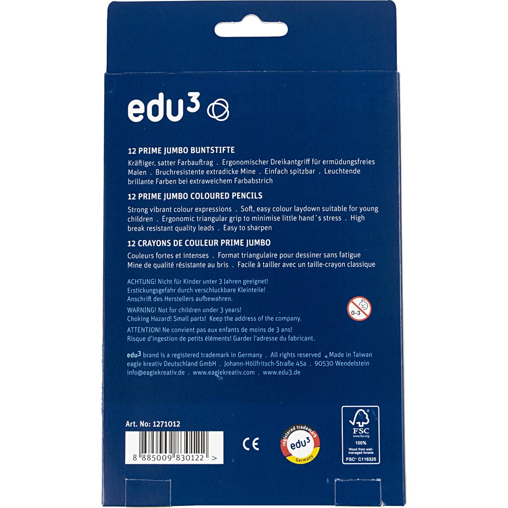 Matite Colorate edu jumbo, spess. 10 mm, mina 6,25 mm, colori asst., 12 pz/ 1 conf. [HOB-409212]