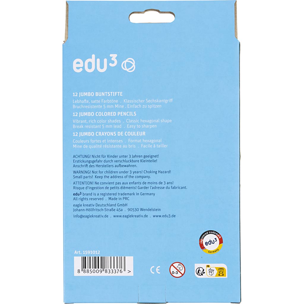 Matite Colorate edu Jumbo, spess. 10 mm, mina 5 mm, colori asst., 12 pz/ 1 conf. [HOB-409812]