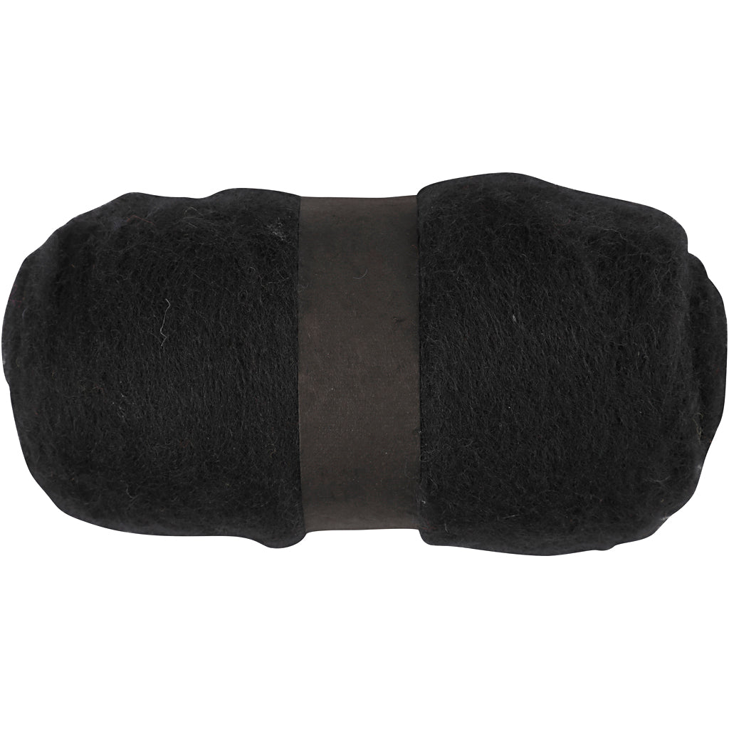 Carded Wool, black, 100 g/ 1 bundle