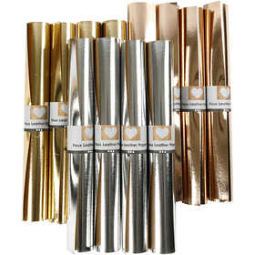 Kunstlederpapier, B 49 cm, Dicke 0,55 mm, Einfarbig,Foliedetails, Gold, Rosa gold, Silber, 12x1 m/ 1 Pck [HOB-49894]