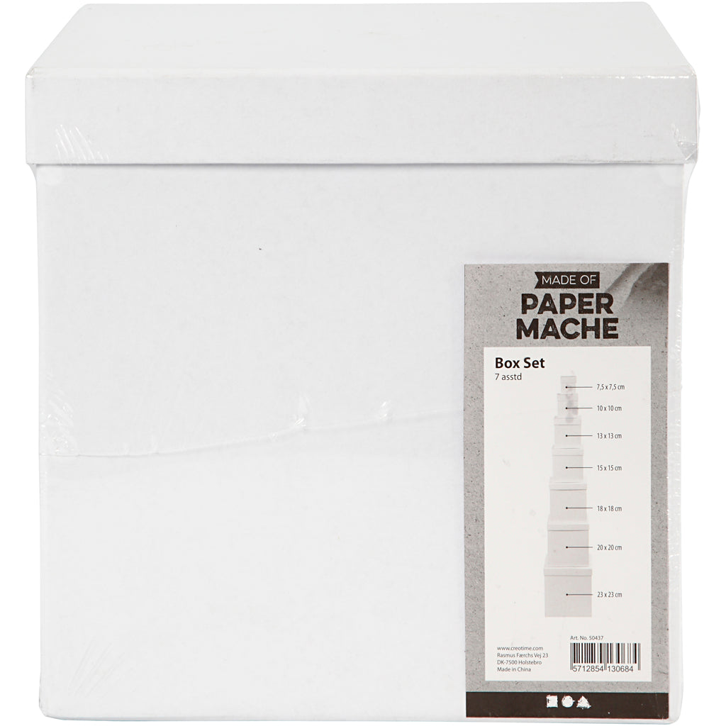 Boxes, square, size 7.5+10+13+15+18+20+23 cm, H: 7.5+10+13+15+18+20+23 cm, white, 7pcs [HOB50437]