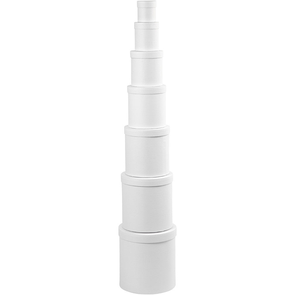 Scatole rotonde, rotonde, H: 7,5+10,2 +12,7+15,2 +17,7+20,2 +22,7 cm, diam 7+9 +12+14,5 +17+19,5 +22 cm, bianco, 7 pz/ 1 set [HOB-50438]