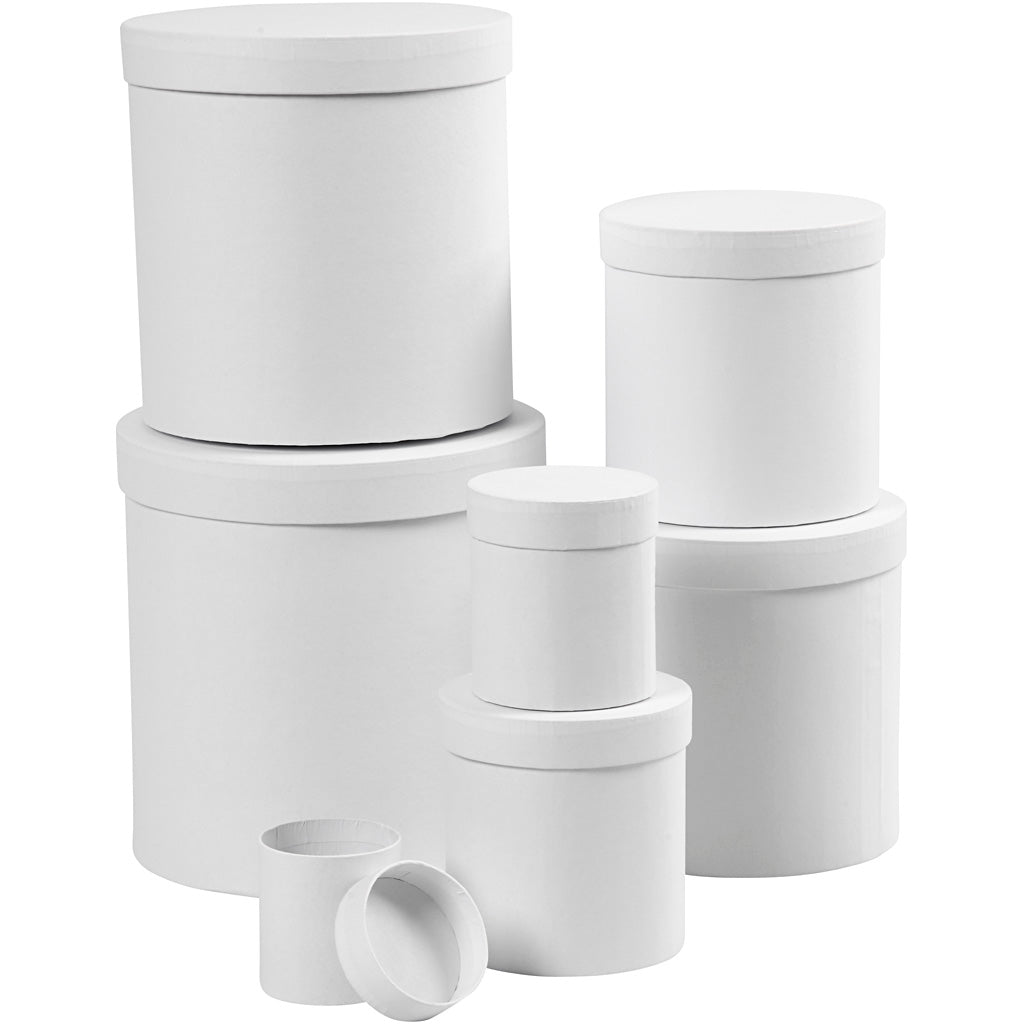 Boxes, round, H: 7,5+10,2 +12,7+15,2 +17,7+20,2 +22,7 cm, dia. 7+9 +12+14,5 +17+19,5 +22 cm, white, 7 pc/ 1 set