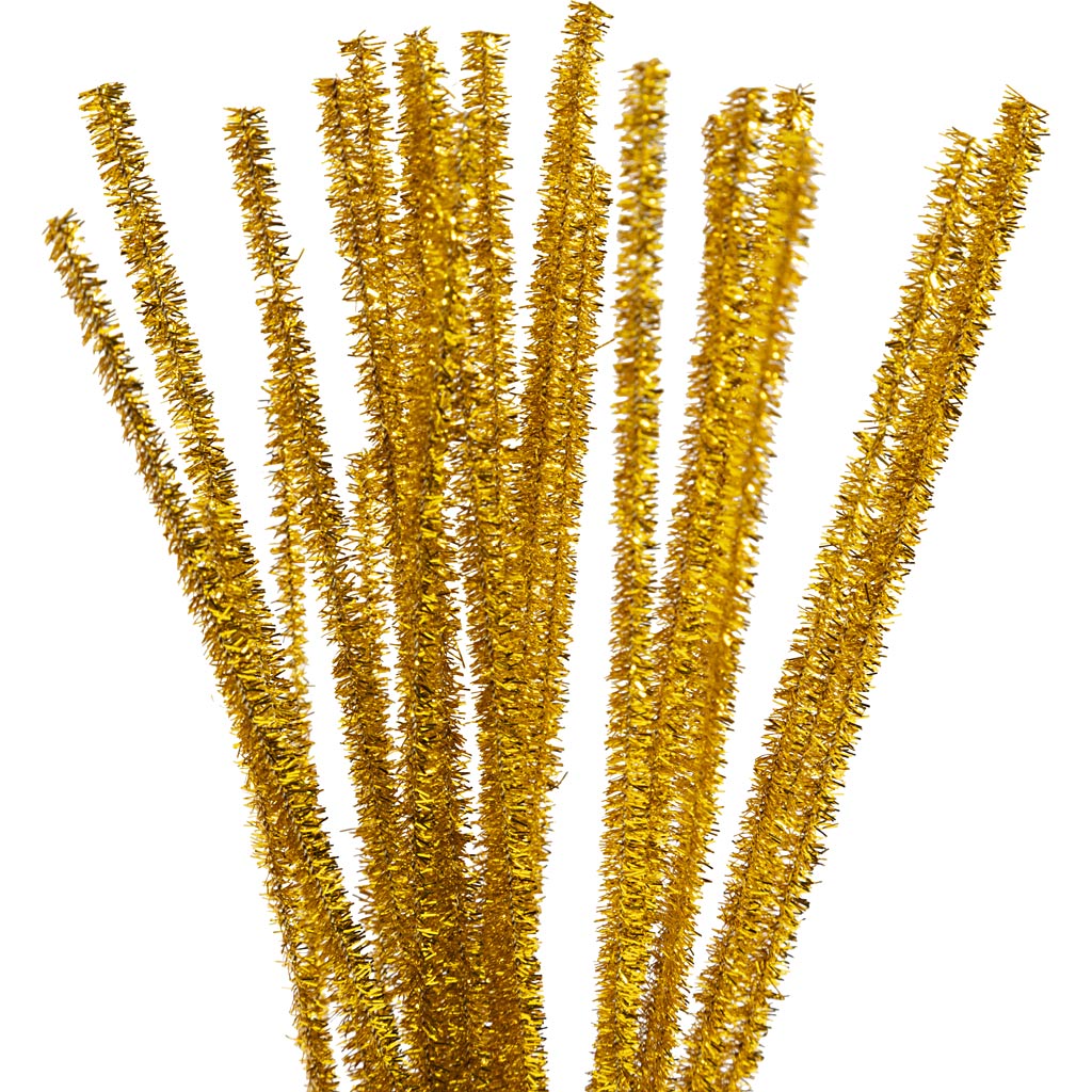 Chenille, L: 30 cm, thickness 6 mm, glitter, gold, 24 pc