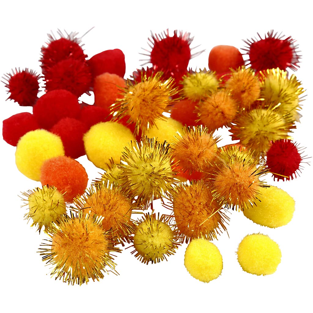 Pom poms, dia. 15+20 mm, orange, red, yellow, 48 asstd.