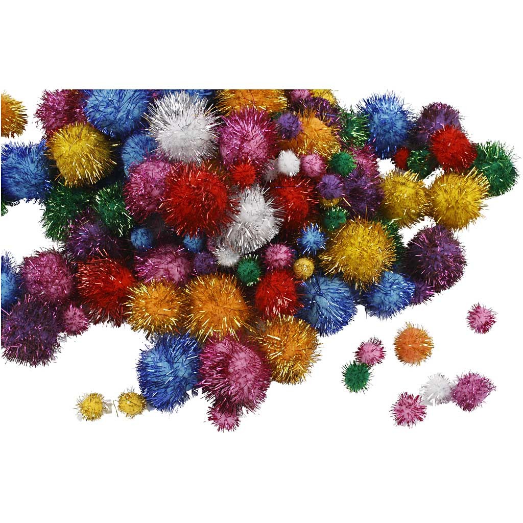 Pom-pom glitter, diam 15-40 mm, glitter, ca. 400 pz, colori forti, 400 g/ 1 conf. [HOB-51892]