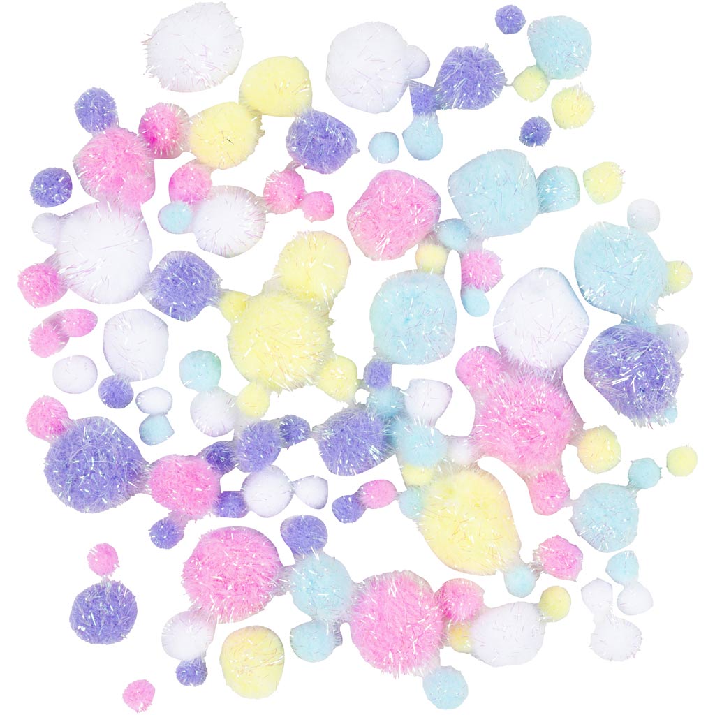 Pompons, d 15-40 mm, paillettes, ca. 75 pièce, couleurs pastel, 62 gr/ 1 Pq. [HOB-518950]
