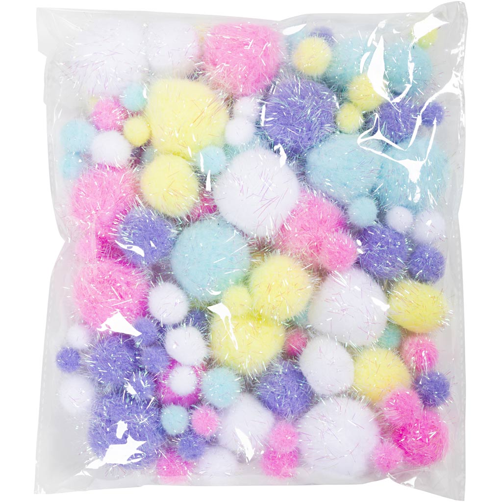 Pom pom, diam 15-40 mm, glitter, ca. 75 pz, colori pastello, 62 g/ 1 conf. [HOB-518950]