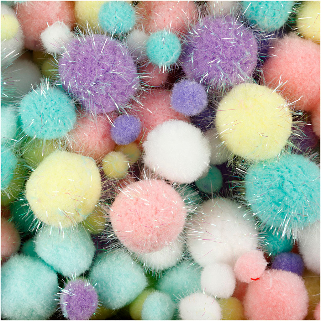 Pompons, D 15-40 mm, Glitter, ca. 400 Stk, Pastellfarben, 400 g/ 1 Pck [HOB-51895]
