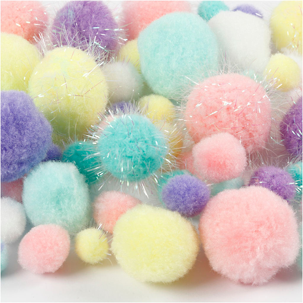 Pompons, D 15-40 mm, Glitter, ca. 400 Stk, Pastellfarben, 400 g/ 1 Pck [HOB-51895]