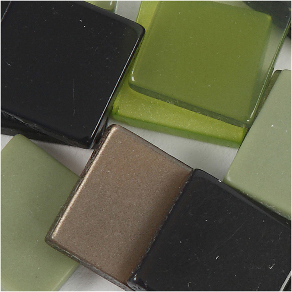 Mini-mosaïques, dim. 10x10 mm, ép. 2 mm, glitter vert, 25 gr/ 1 Pq. [HOB-51925]