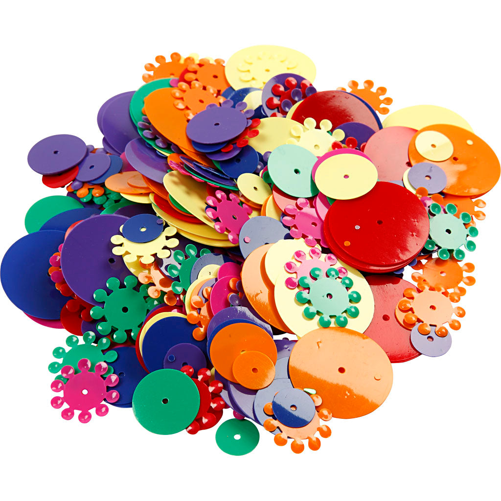 Sequins, round, size 10-25 mm, assorted colours, 250 g