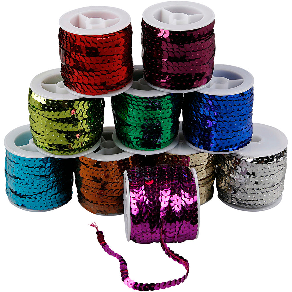 Sequined Ribbon, W: 6 mm, metallic colours, 10x10 m