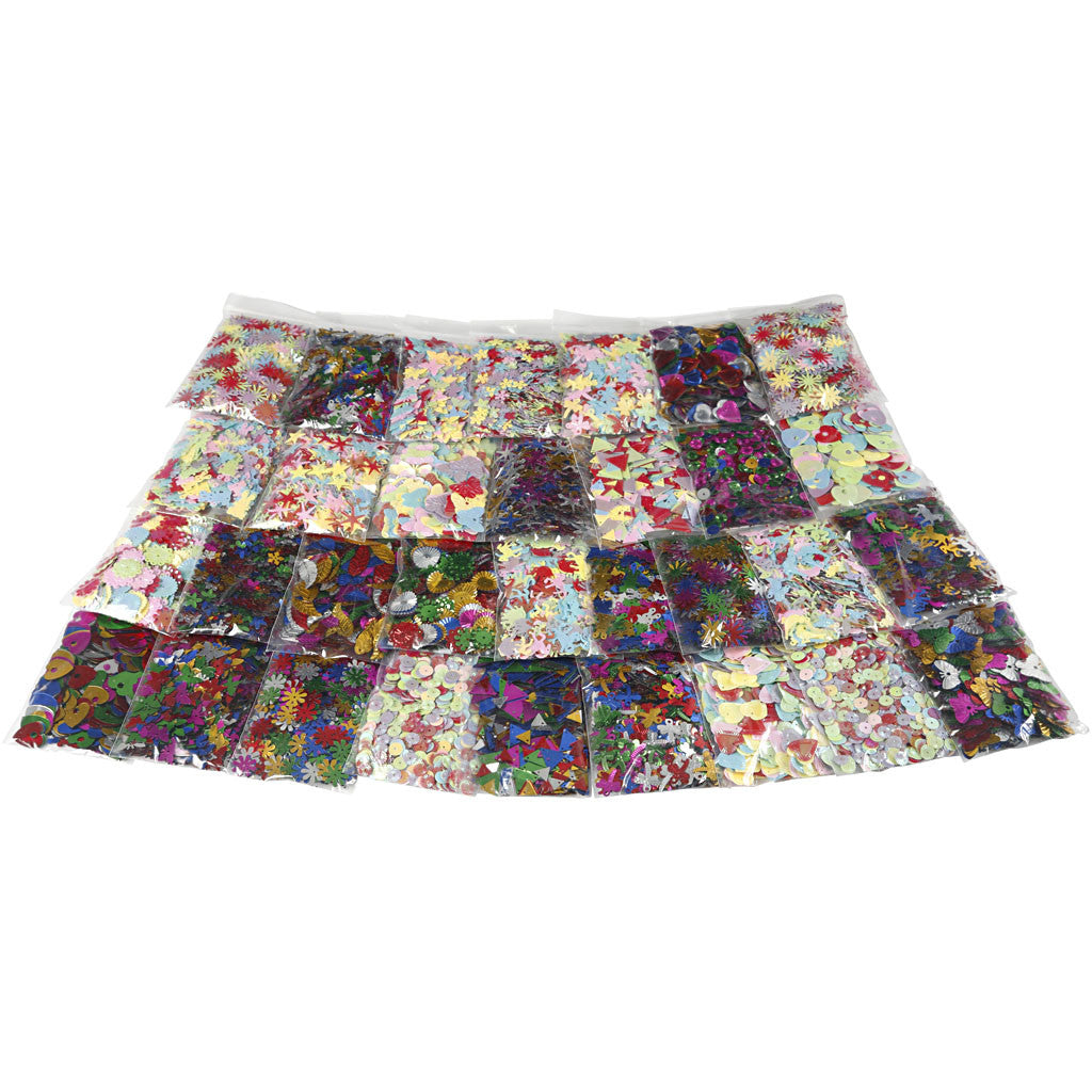 Mix paillettes, misura 7-30 mm, colori asst., 32x25 g/ 1 conf. [HOB-52253]