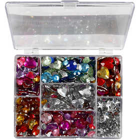 Strass in scatola da esposizione, rotondi, stelle, cuori, diam 6+7+9+10+11+12+14+16 mm, blu, rosa, argento, 300 pz/ 1 conf. [HOB-52315]