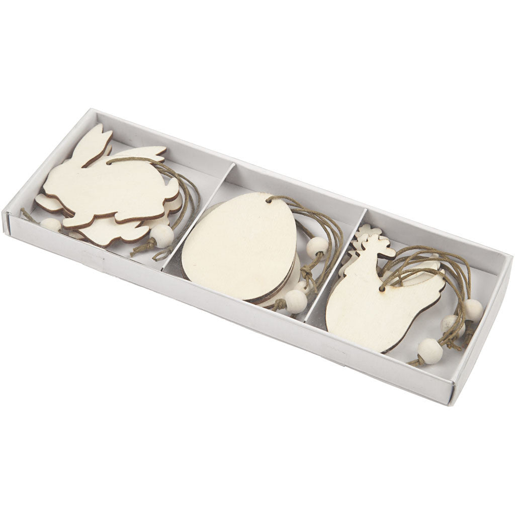 Décorations en bois, lapin, fleur, poulet, dim. 6 cm, ép. 3 mm, 9 pièces/ 1 Pq. [HOB-56732]