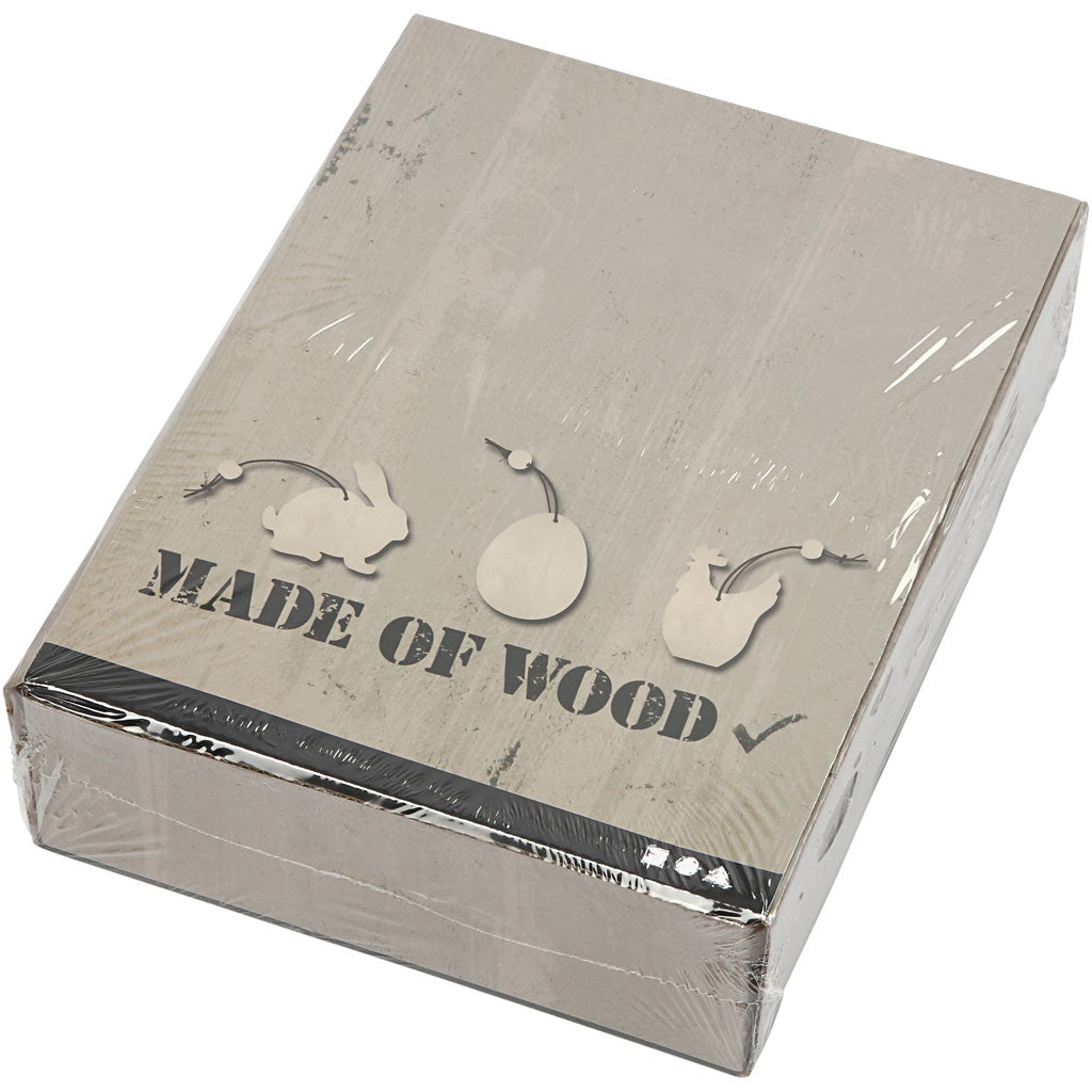 Décorations en bois, lapin, oeuf, poule, dim. 6 cm, ép. 3 mm, 200 pièces/ 1 Pq. [HOB-56740]