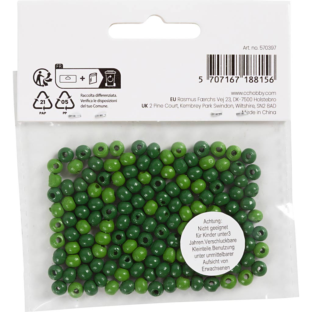 Wooden Beads, dia. 5 mm, hole size 1,5 mm, ca. 150 pc, green, 6 g
