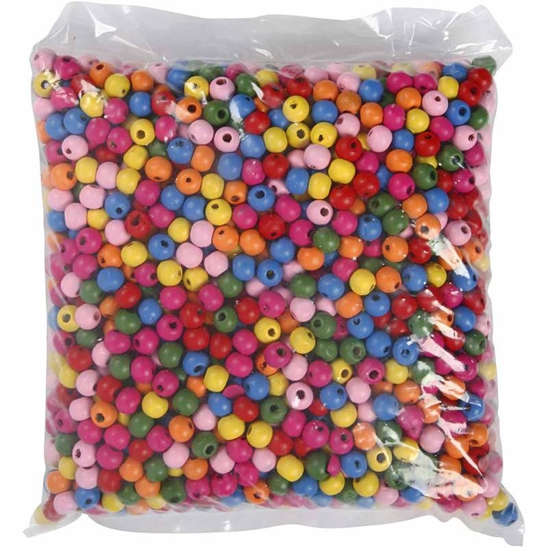 Perline in legno, diam 10 mm, misura buco 2,5-3 mm, ca. 1500 pz, colori asst., 500 g/ 1 sacco [HOB-57123]