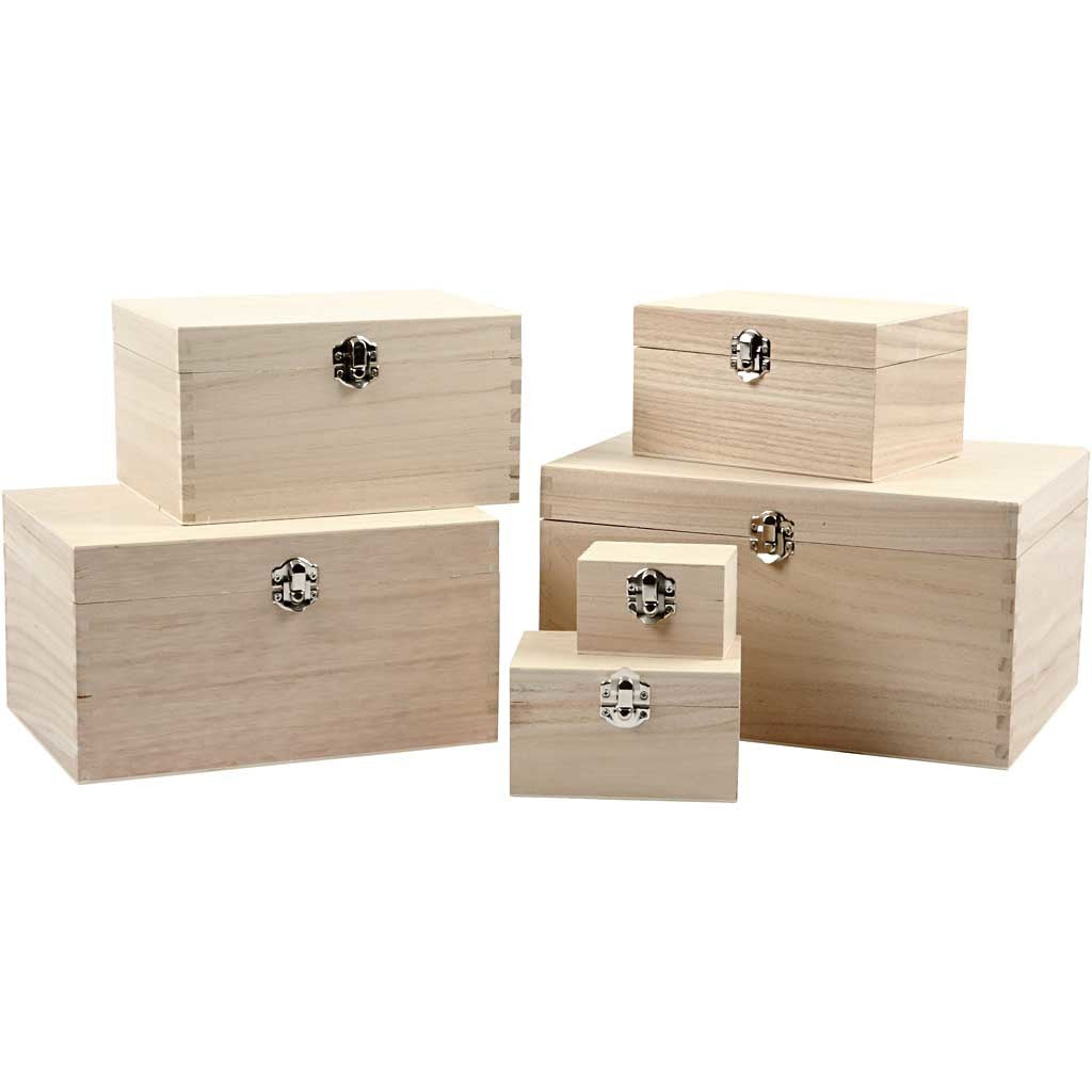 Set de boîtes en bois, H : 5+7+9+11+13+15 cm, L : 8+11,8+15,8+20+24+27,7 cm, L : 5,8+8,8+12+15+18+21 cm, 6 pièces/ 1 set [HOB-57542]