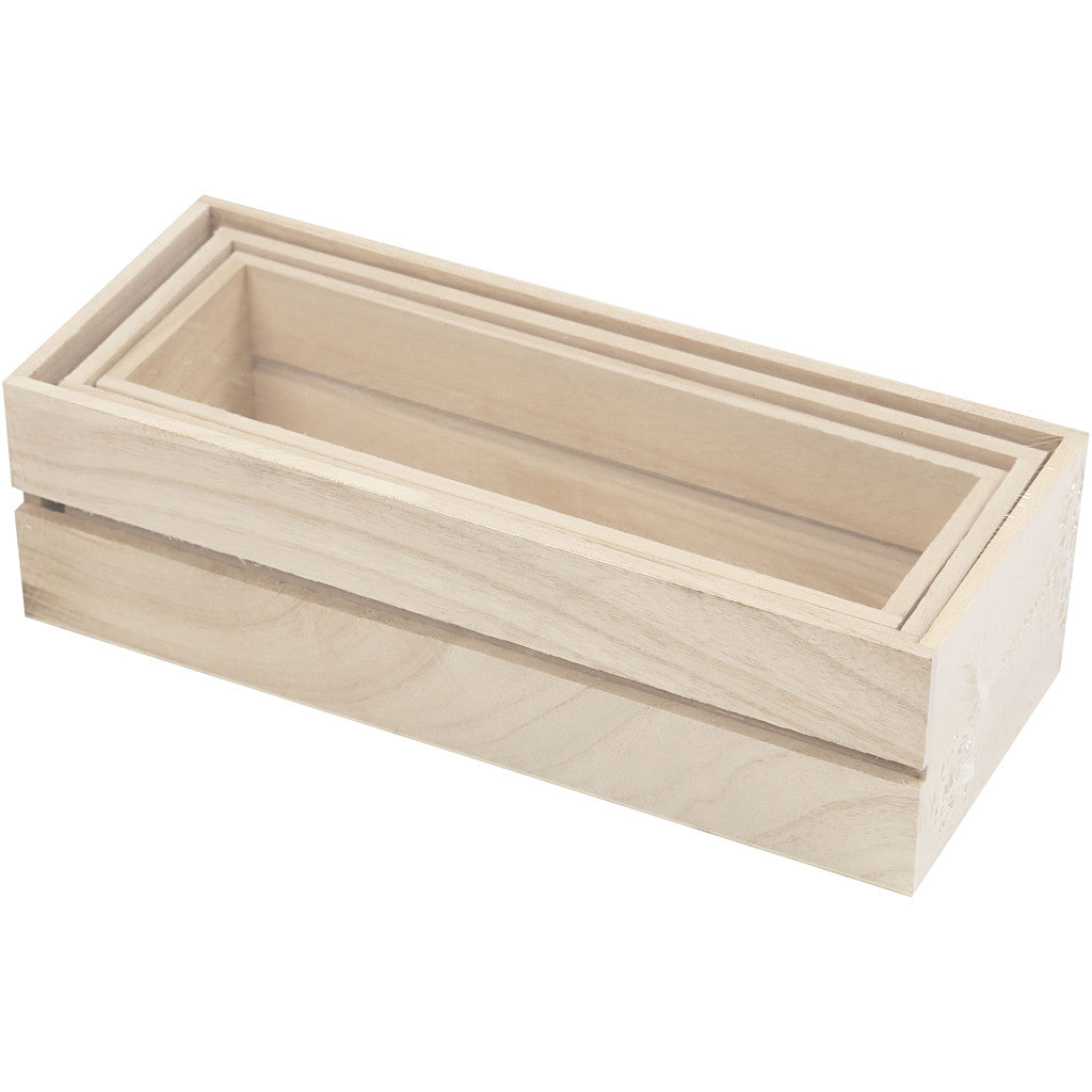 Scatole in legno, H: 6,5+7+7,5 cm, L: 22+23,5+25 cm, L: 7+8,5+10 cm, 3 pz/ 1 set [HOB-57695]