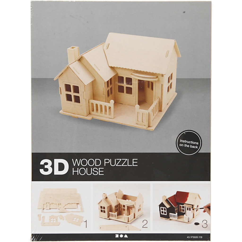 Kit de Construction 3D en bois, Maison avec terrasse, dim. 19x17,5x15, 1 pièce [HOB-57875]