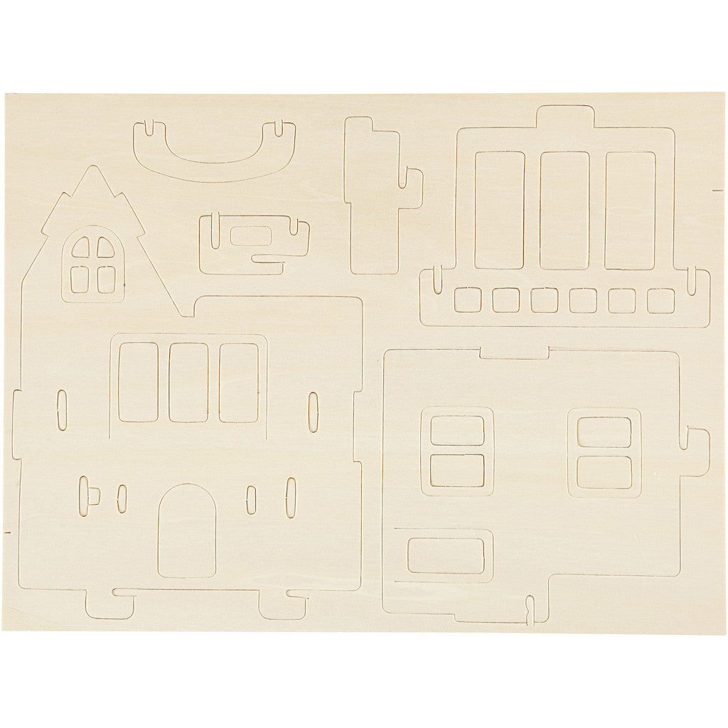 Kit de Construction 3D en bois, Maison avec balcon, dim. 15,8x17,5x19,5, 1 pièce [HOB-57877]