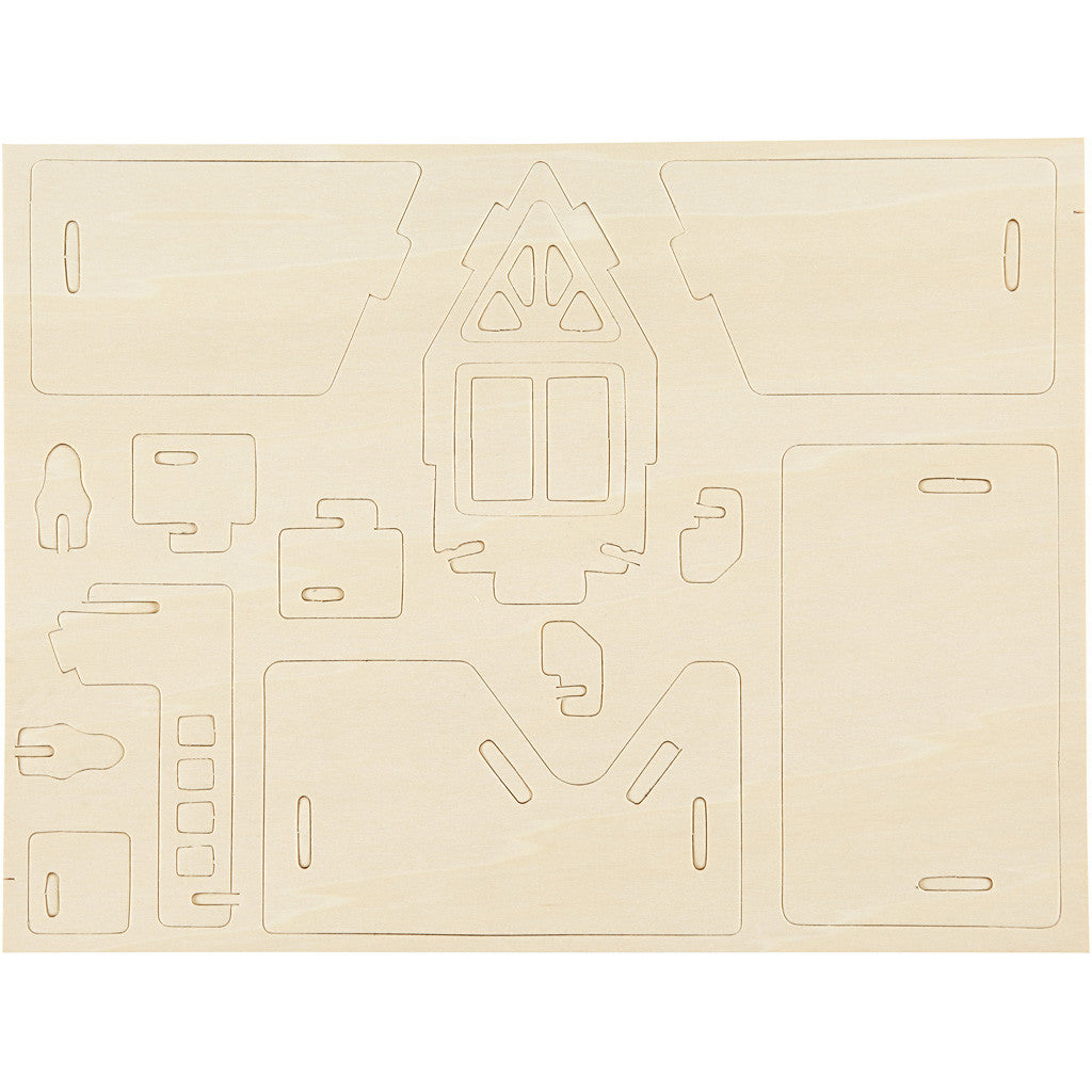 Kit de Construction 3D en bois, Maison avec balcon, dim. 15,8x17,5x19,5, 1 pièce [HOB-57877]