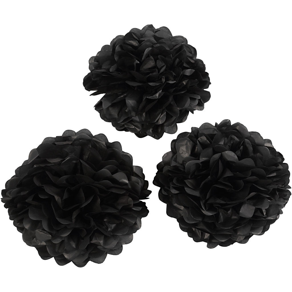 Seidenpapier-Pompons, D 20+24+30 cm, 16 g, Schwarz, 3 Stk/ 1 Pck [HOB-590002]