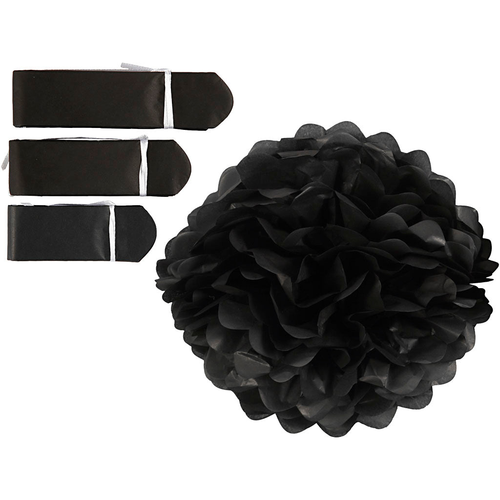 Tissue Pompons, dia. 20+24+30 cm, 16 g, black