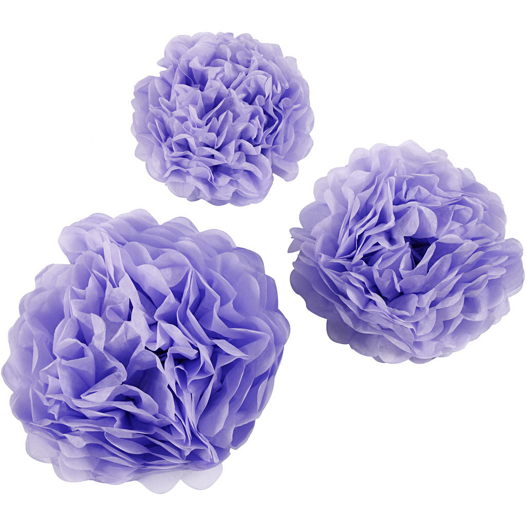 Pompons en papier, d 20+24+30 cm, 16 gr, violet, 3 pièces/ 1 Pq. [HOB-590005]