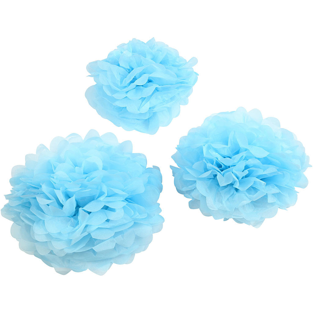 Pom-poms in carta velina, diam 20+24+30 cm, 16 g, azzurro, 3 pz/ 1 conf. [HOB-590008]