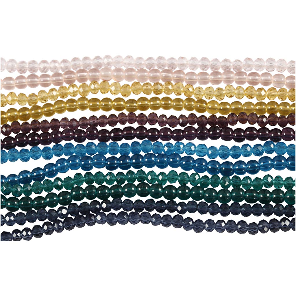 Perles de verre et perles à facettes, d 4 mm, diamètre intérieur 1 mm, 12x45pièce/ 1 Pq. [HOB-60995]